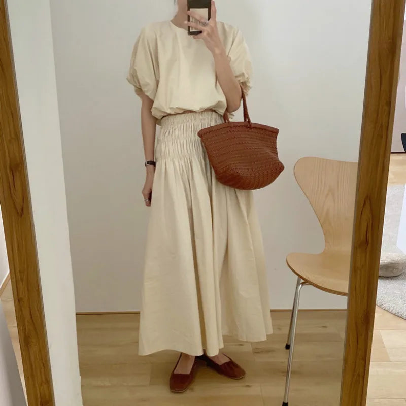 Romantic Two-Piece Puff-Sleeve Crop & Long A-Line Skirt Duo