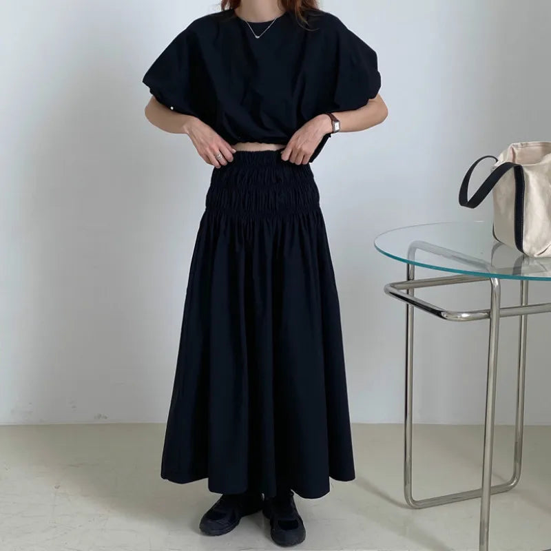 Romantic Two-Piece Puff-Sleeve Crop & Long A-Line Skirt Duo