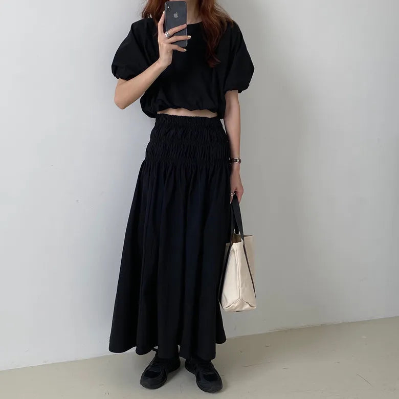 Romantic Two-Piece Puff-Sleeve Crop & Long A-Line Skirt Duo