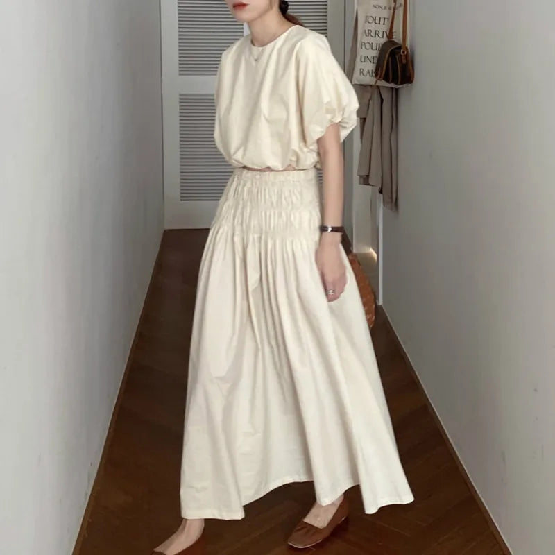 Romantic Two-Piece Puff-Sleeve Crop & Long A-Line Skirt Duo
