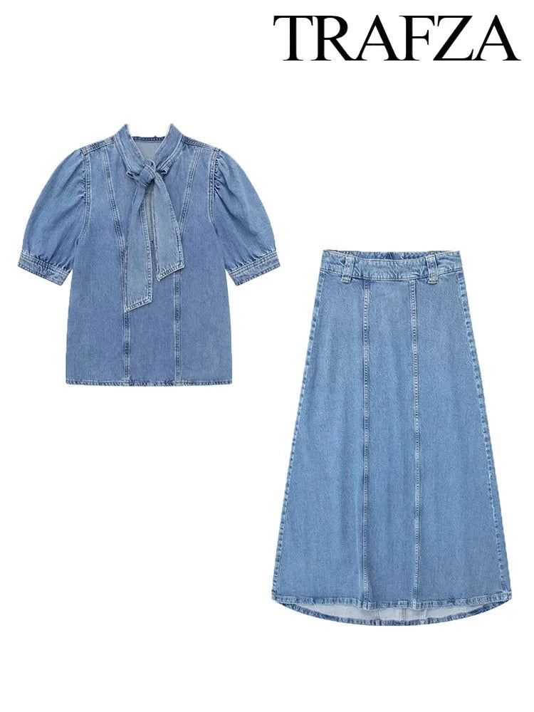 The Amelot Set – Bow-Tie Denim Shirt & Halter Skirt Co-Ord