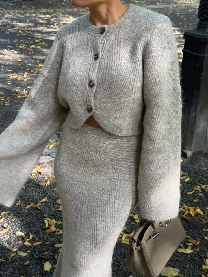 The Evanya Knit Set – Round Neck Cardigan and Skirt Co-ord