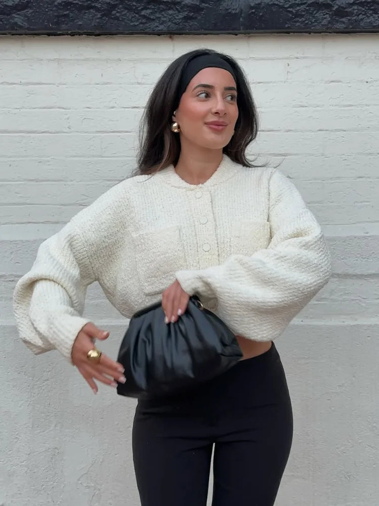The Rhiannon Button-Up Cardigan – Quilted Knit Cardigan in Elegant Winter Ivory