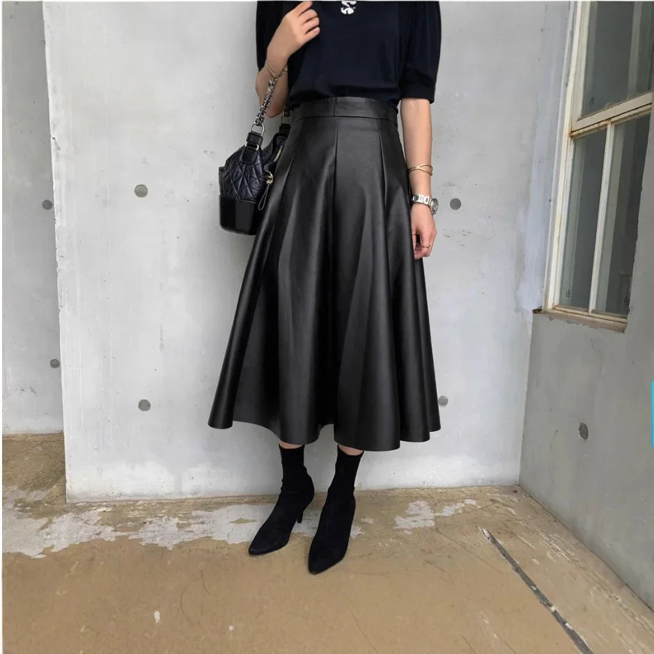 The Liora Leather– Clean Pleated Leather A-Line Skirt