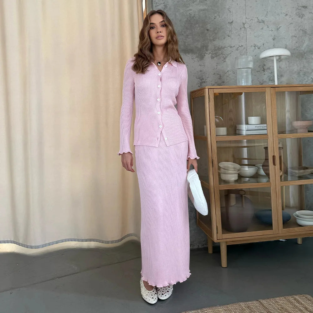 The Evelaine Set- Knitted Polo Cardigan & Slim Maxi