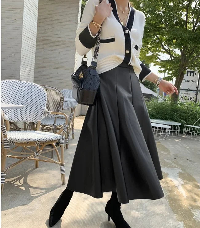The Liora Leather– Clean Pleated Leather A-Line Skirt