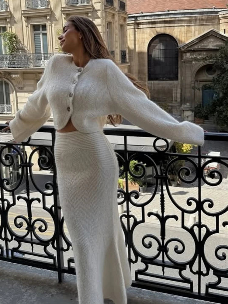 The Evanya Knit Set – Round Neck Cardigan and Skirt Co-ord