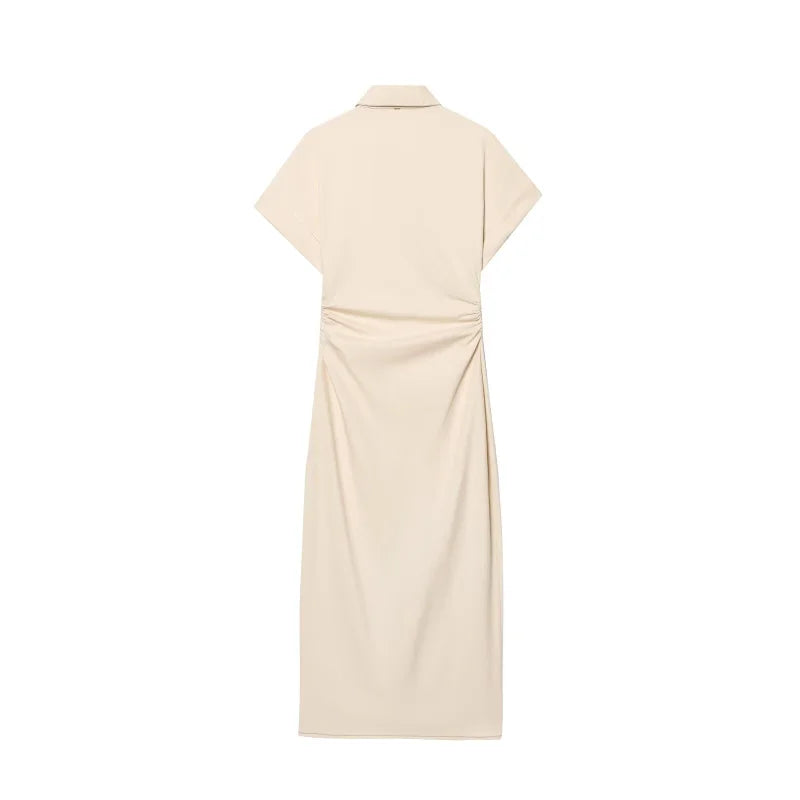 The Evette Ruched Denim Midi in Beige