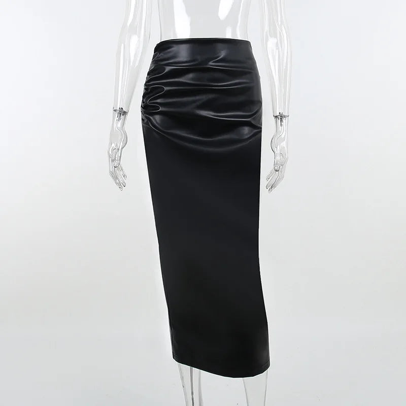 Sculpted High-Waist PU Leather Midi