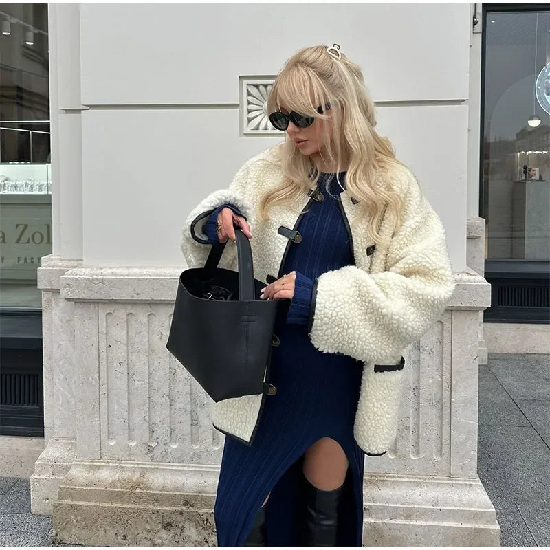 Cozy Contrast Wool Blend Coat