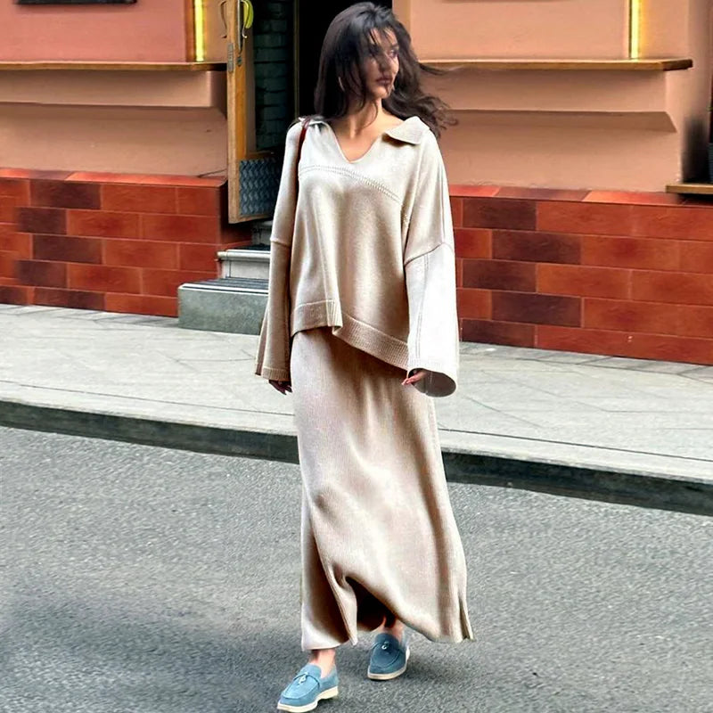 The Maelis Ensemble – Flowing Knit Top & Maxi Skirt