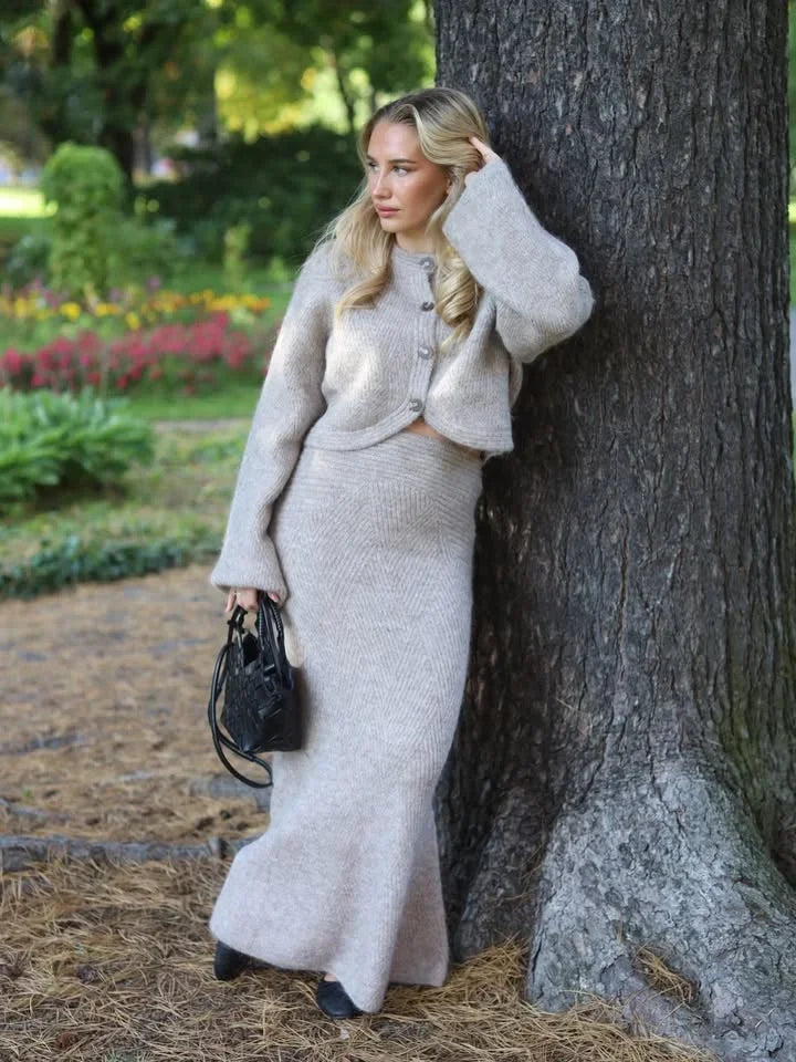 The Evanya Knit Set – Round Neck Cardigan and Skirt Co-ord