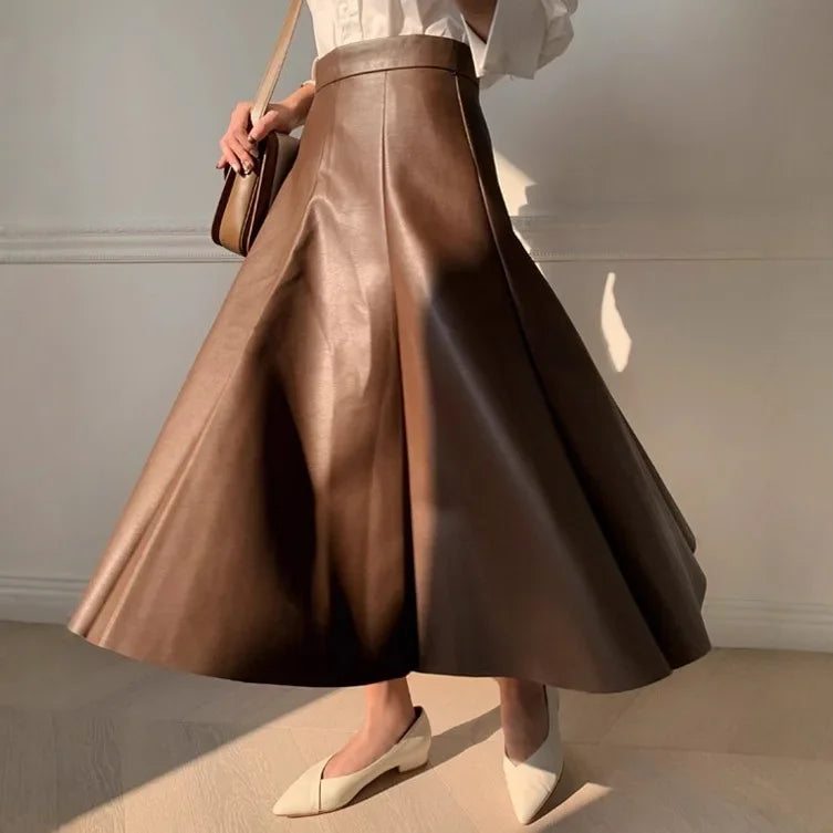 The Liora Leather– Clean Pleated Leather A-Line Skirt