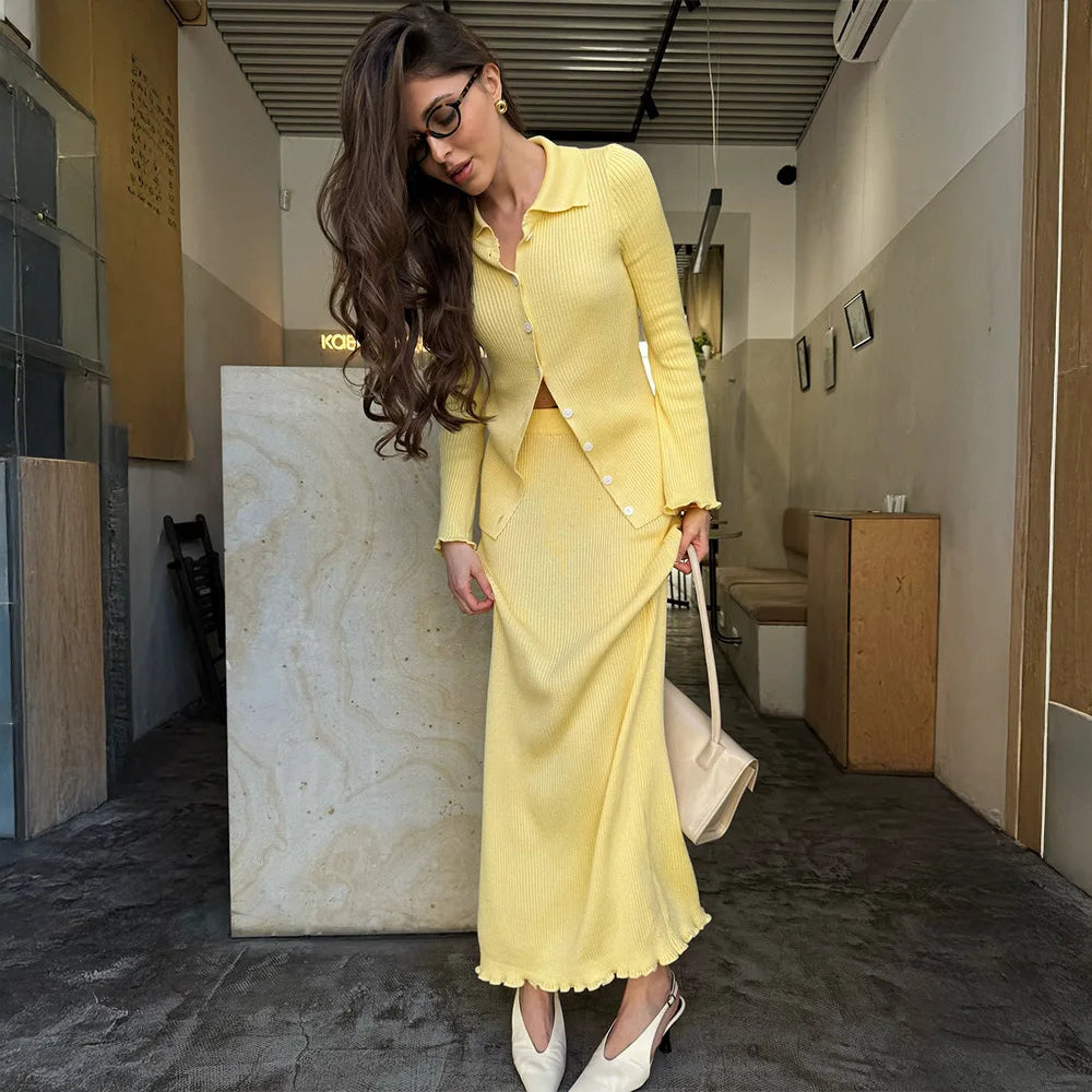 The Evelaine Set- Knitted Polo Cardigan & Slim Maxi