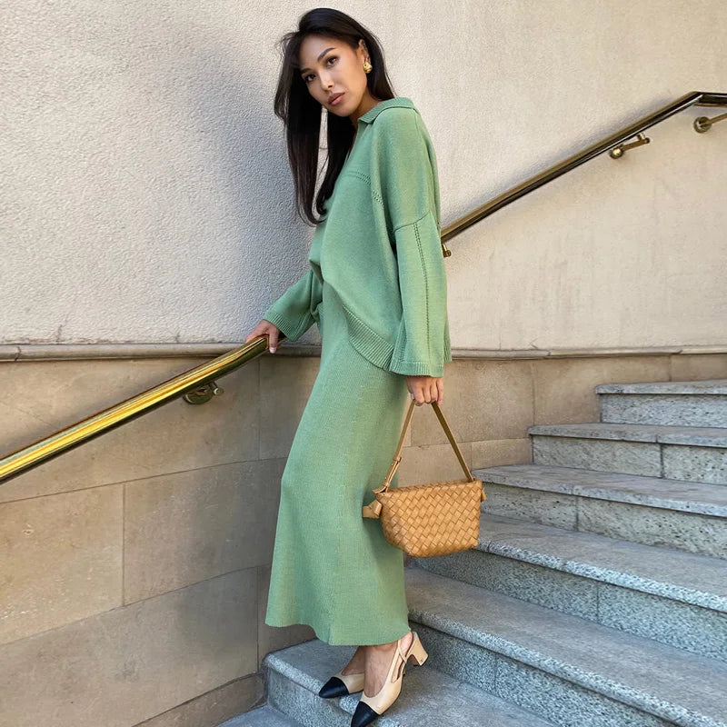 The Maelis Ensemble – Flowing Knit Top & Maxi Skirt