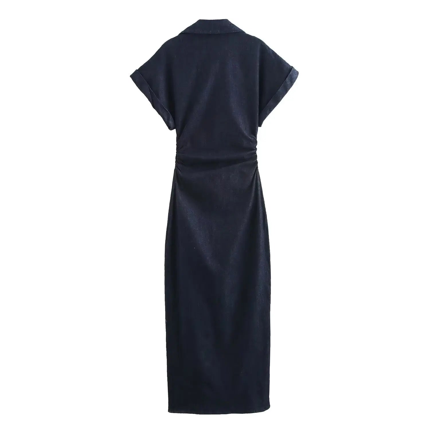 The Evette Ruched Denim Midi in Navy