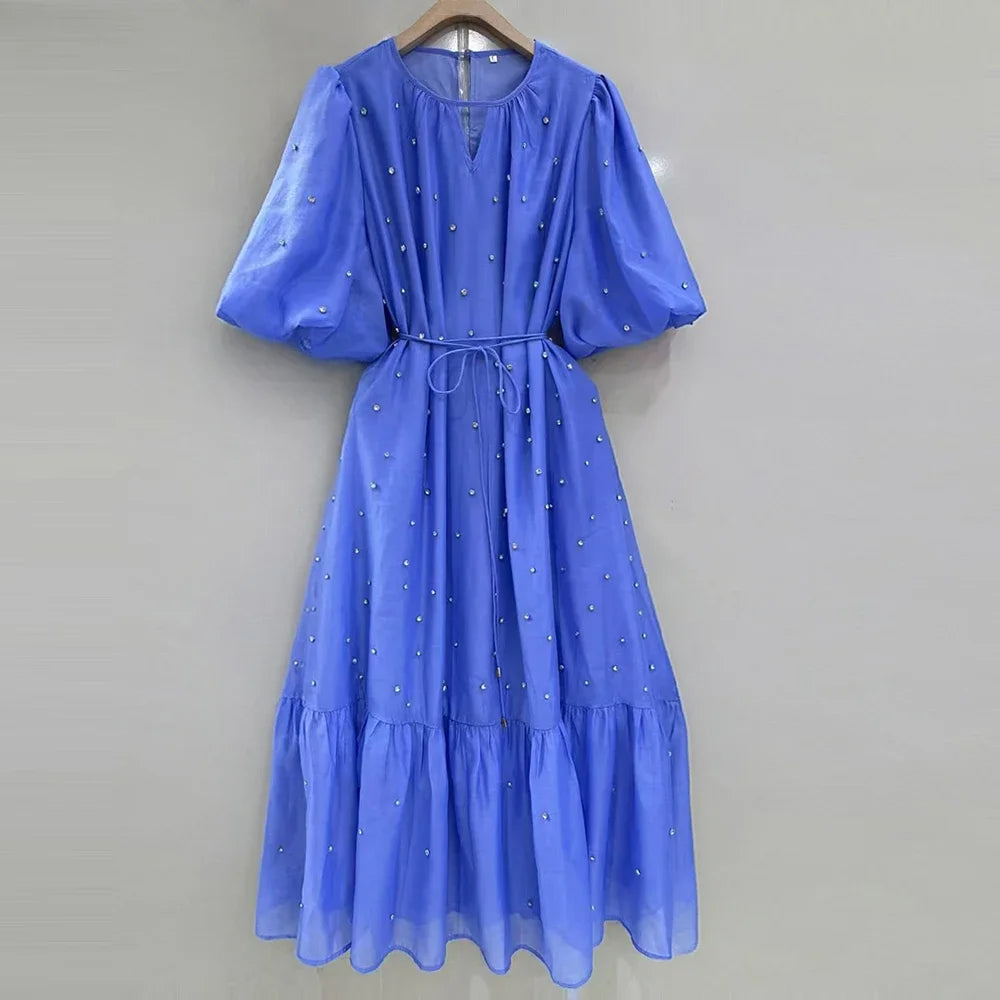 The Fiorenne Dress – Subtle Sparkle Midi with Puff Sleeves & Graceful Pleats