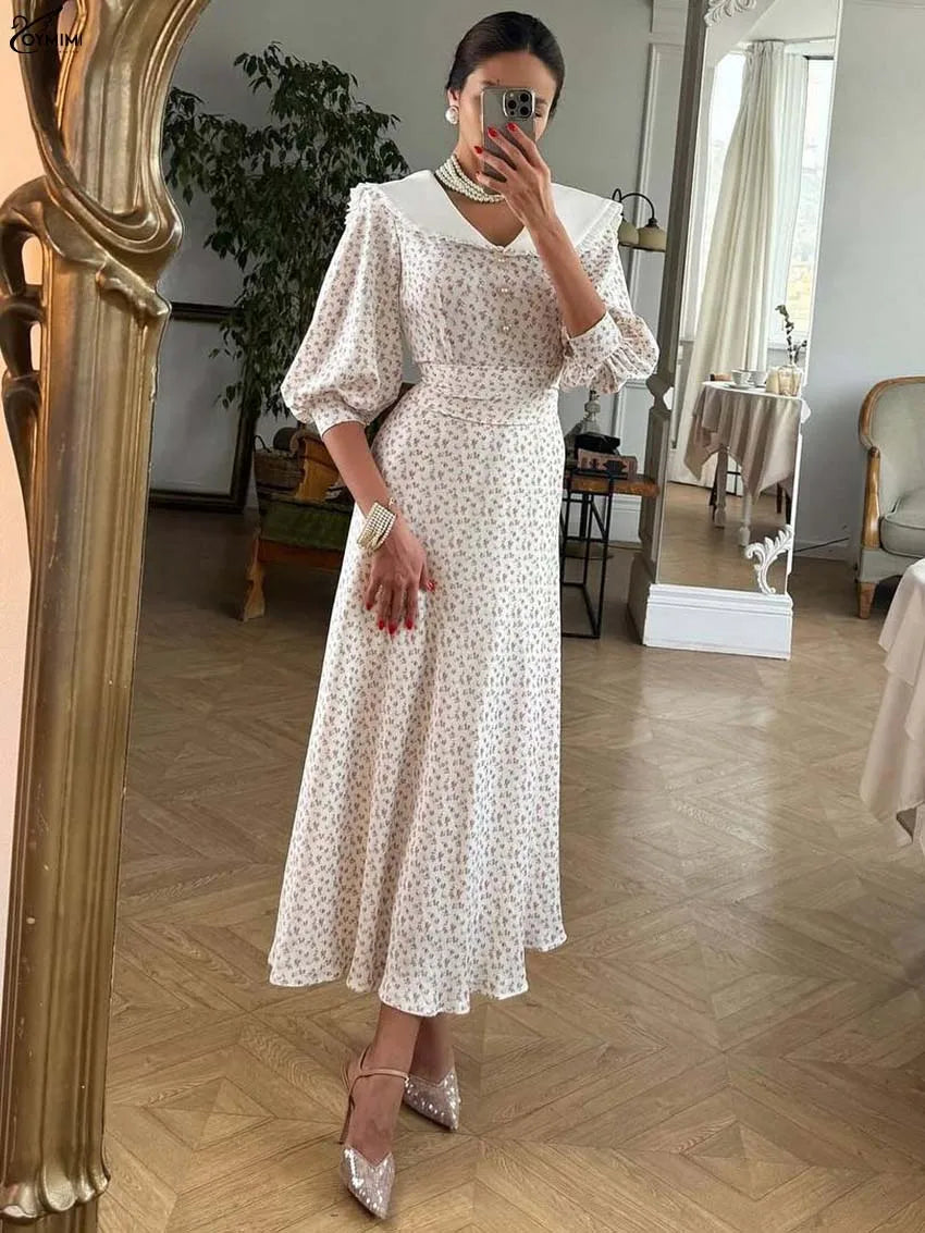 The Clarisse Dress –Feminine Lace-Up Print Dress