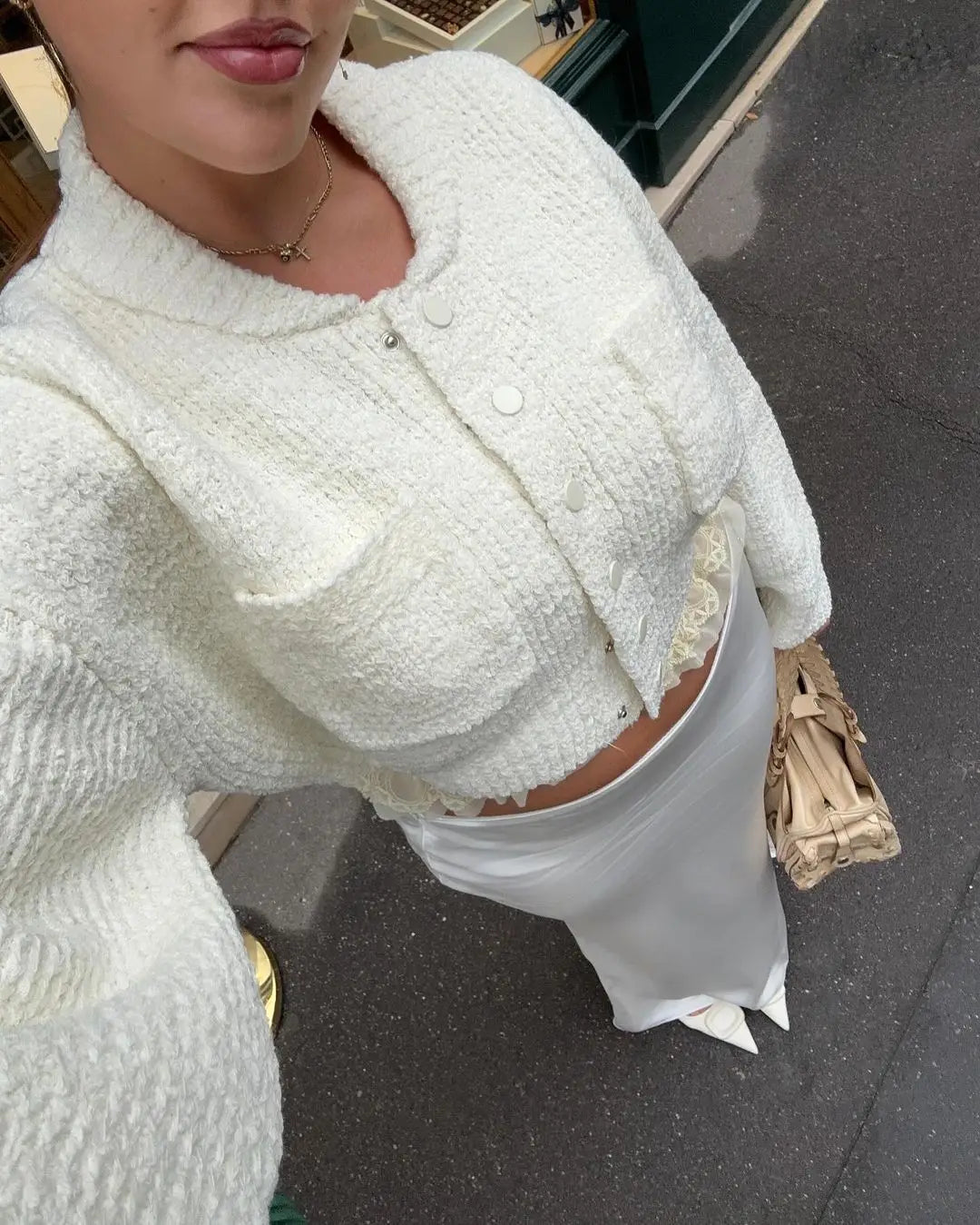 The Rhiannon Button-Up Cardigan – Quilted Knit Cardigan in Elegant Winter Ivory