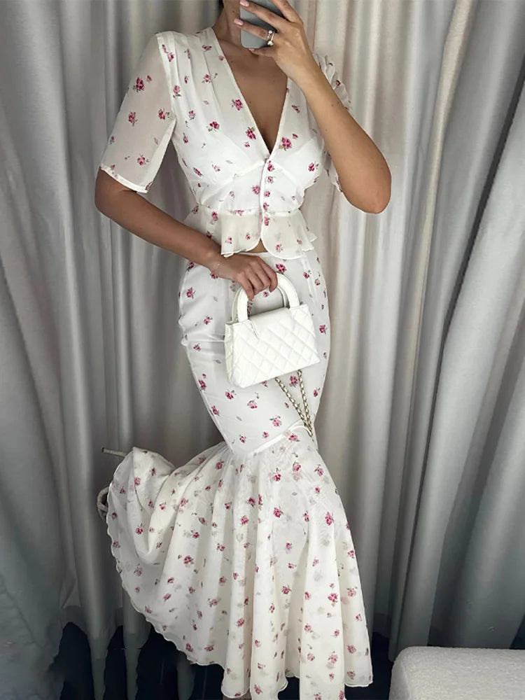 The Oriane Set – Ruffled Shirt & Long Mermaid Skirt
