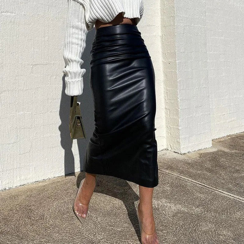 Sculpted High-Waist PU Leather Midi
