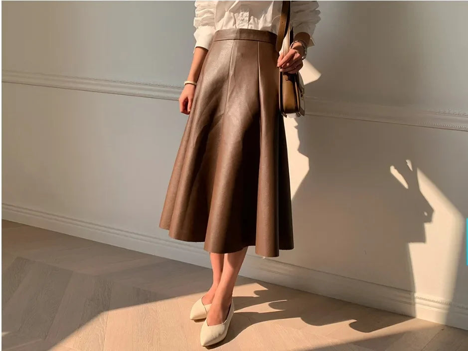 The Liora Leather– Clean Pleated Leather A-Line Skirt