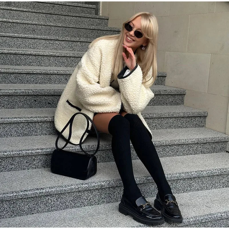 Cozy Contrast Wool Blend Coat