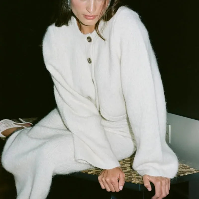 The Evanya Knit Set – Round Neck Cardigan and Skirt Co-ord