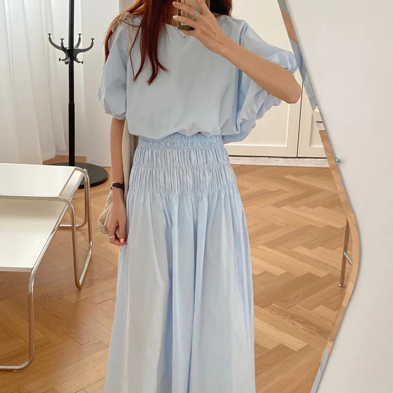 Romantic Two-Piece Puff-Sleeve Crop & Long A-Line Skirt Duo