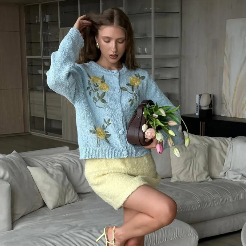 The Florabelle Cardigan – Soft Blue Embroidered Knit