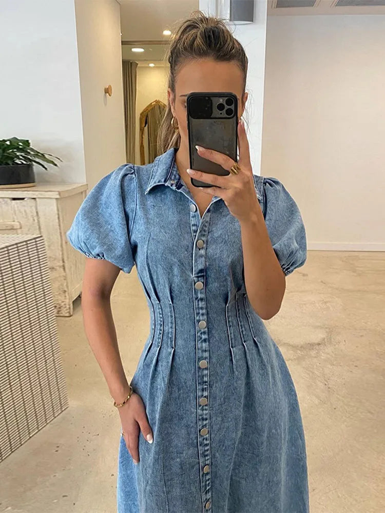 Marlowe Bubble Sleeve Denim Dress