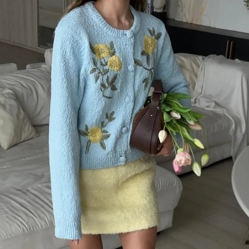 The Florabelle Cardigan – Soft Blue Embroidered Knit