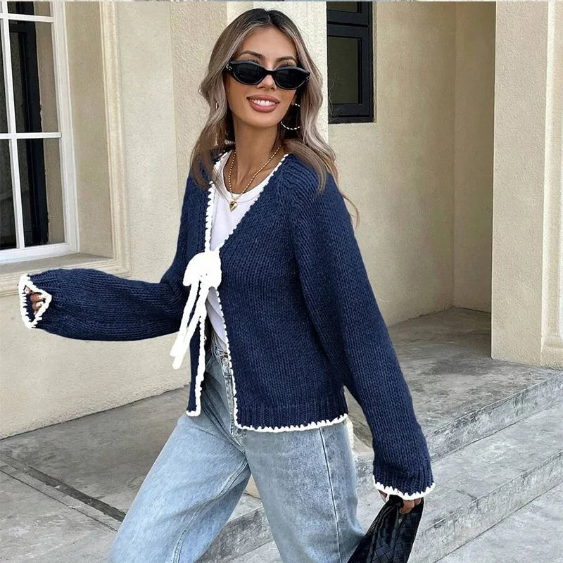 The Adélise Cardigan – Bow-Tied V-Neck Knit