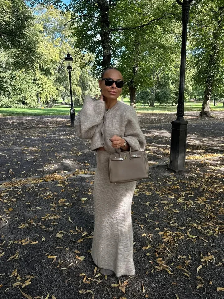 The Evanya Knit Set – Round Neck Cardigan and Skirt Co-ord
