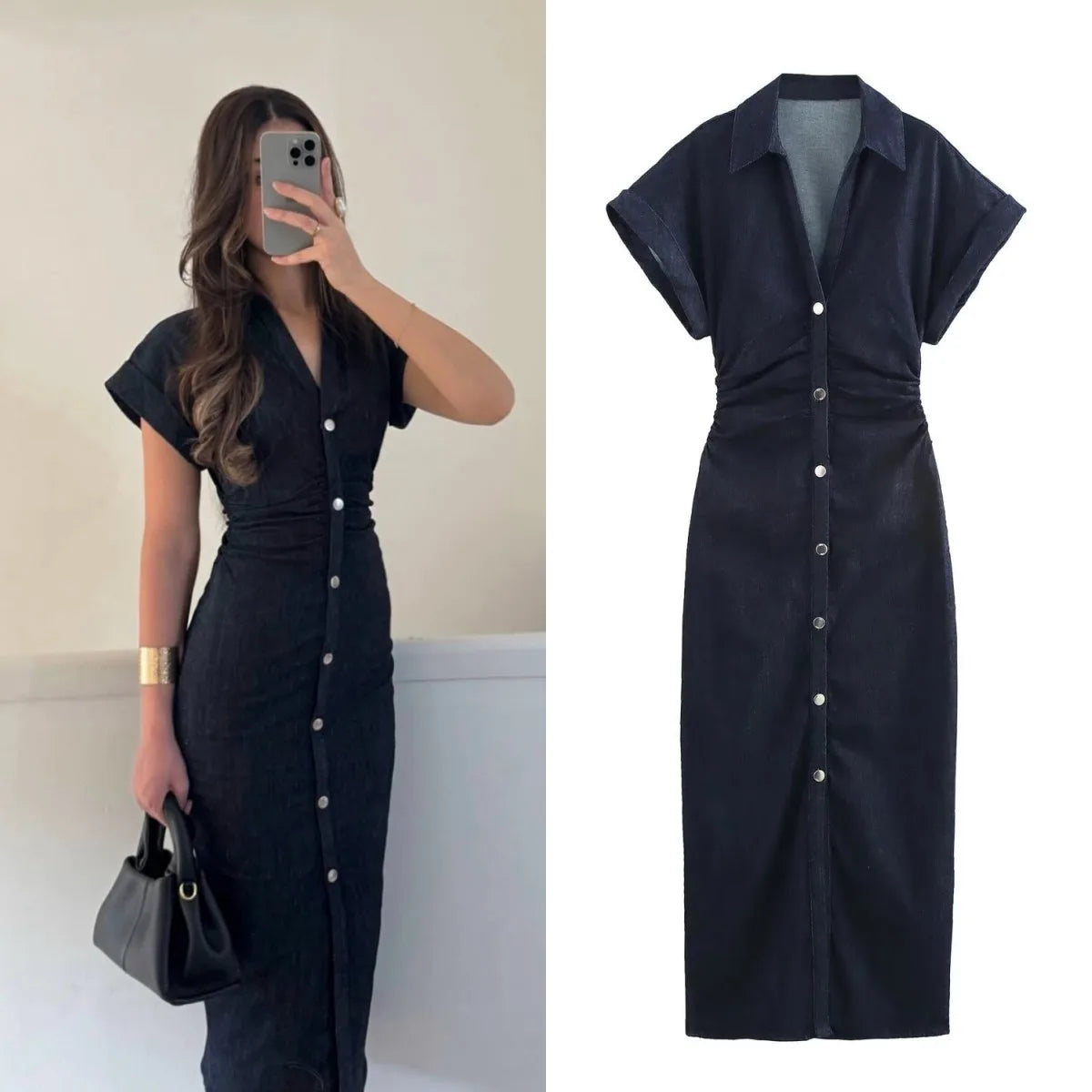 The Evette Ruched Denim Midi in Navy