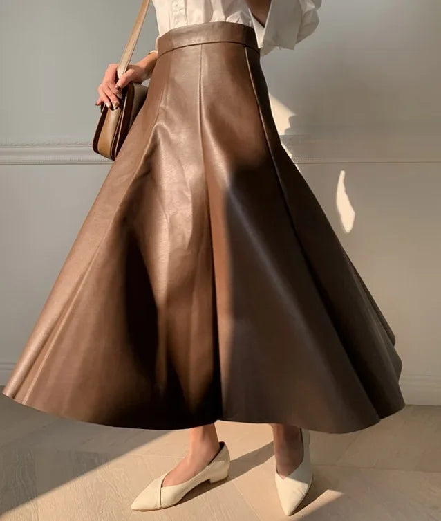 The Liora Leather– Clean Pleated Leather A-Line Skirt