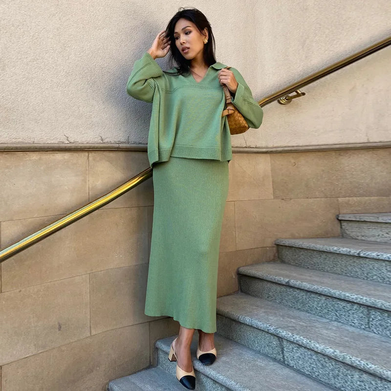 The Maelis Ensemble – Flowing Knit Top & Maxi Skirt