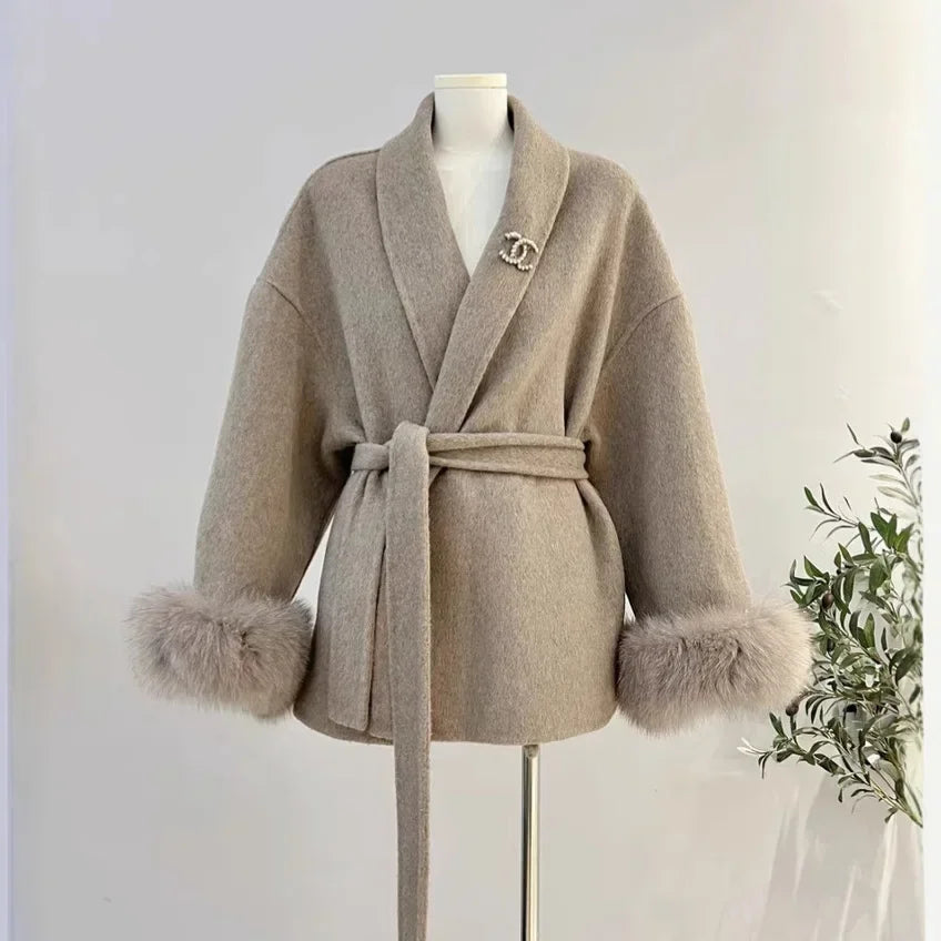 The Anastelle Fox Trim Wool Overcoat