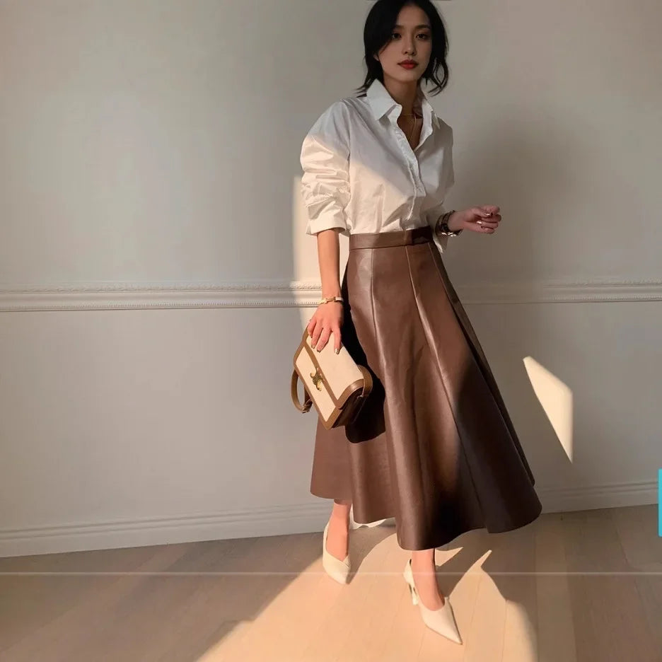The Liora Leather– Clean Pleated Leather A-Line Skirt