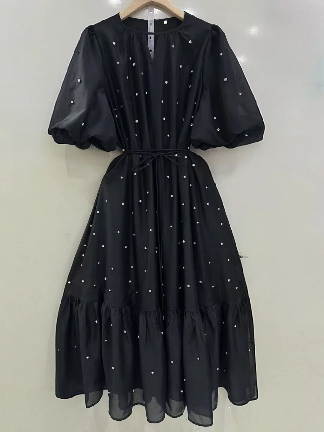 The Fiorenne Dress – Subtle Sparkle Midi with Puff Sleeves & Graceful Pleats