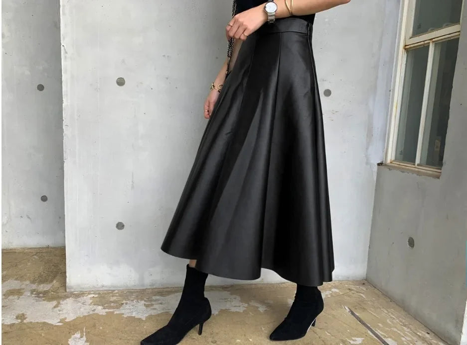 The Liora Leather– Clean Pleated Leather A-Line Skirt