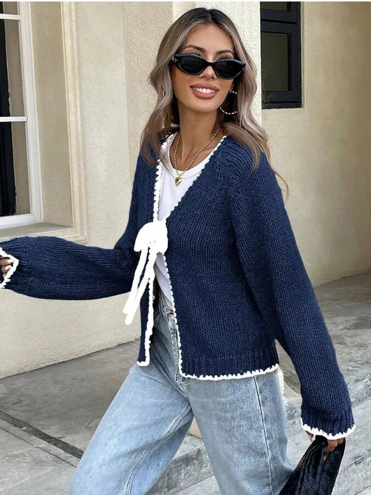 The Adélise Cardigan – Bow-Tied V-Neck Knit