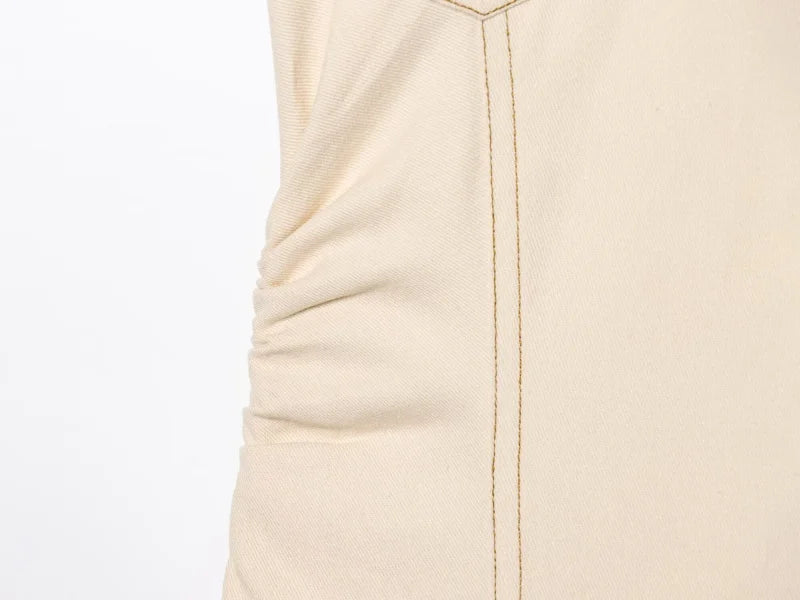 The Evette Ruched Denim Midi in Beige