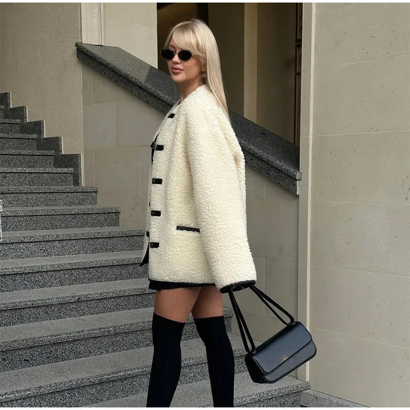 Cozy Contrast Wool Blend Coat
