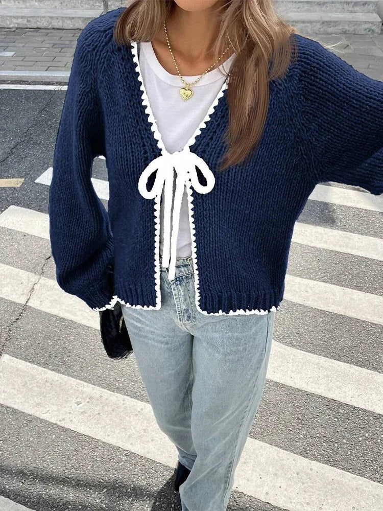 The Adélise Cardigan – Bow-Tied V-Neck Knit