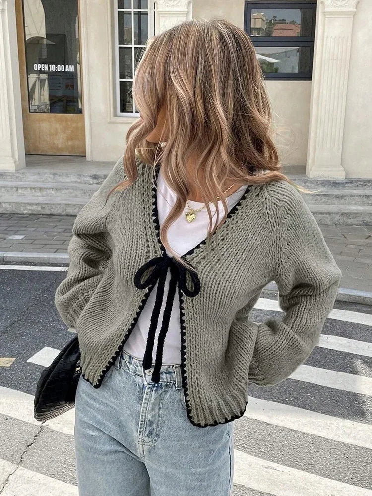The Adélise Cardigan – Bow-Tied V-Neck Knit