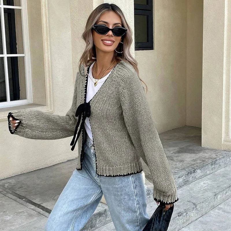 The Adélise Cardigan – Bow-Tied V-Neck Knit
