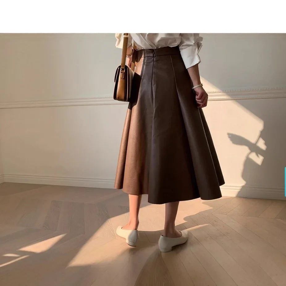 The Liora Leather– Clean Pleated Leather A-Line Skirt
