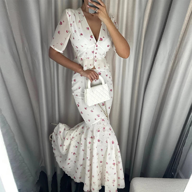 The Oriane Set – Ruffled Shirt & Long Mermaid Skirt