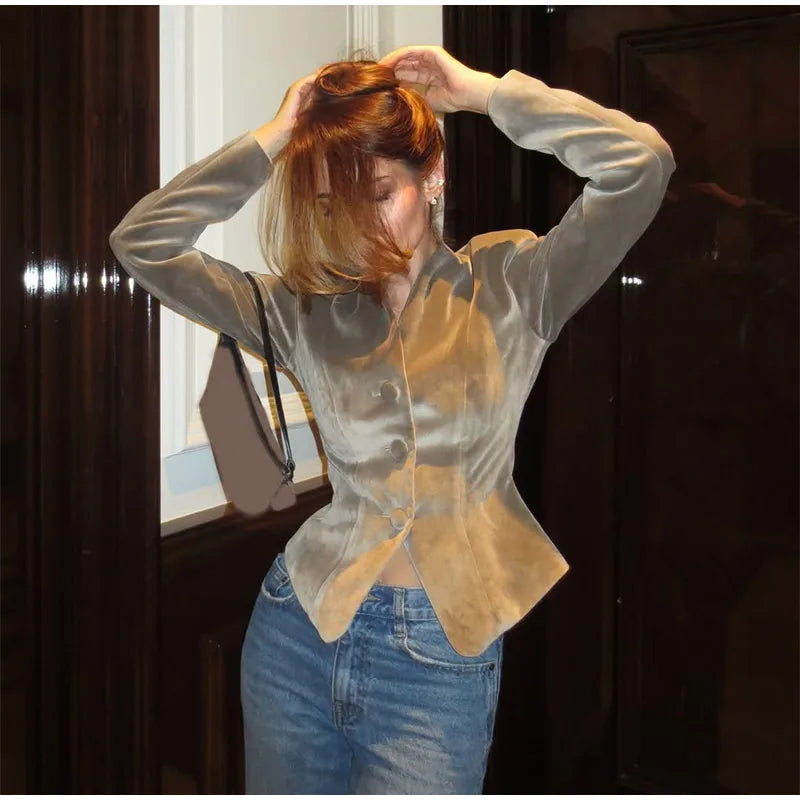 The Amorette Jacket – Tailored V-Neck Jacket with Defined Waist